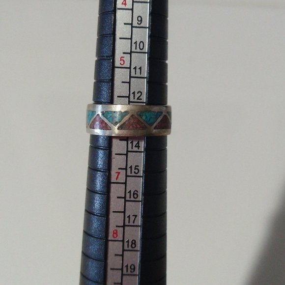 Turquoise Coral Chip Inlay Native American Sterling Silver Ring Size: 3 - Picture 9 of 10